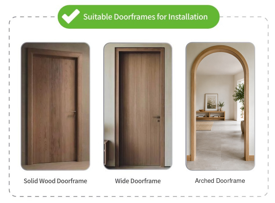 Suitable PU-01 installation examples: solid wood, wide, and arched doorframes