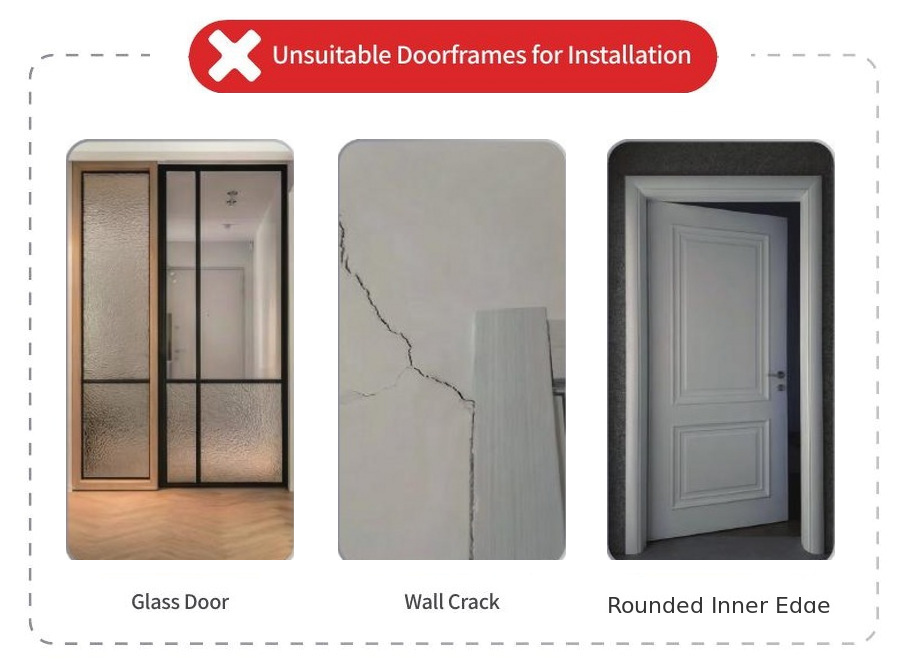PU-01 do not install examples: glass doors, wall cracks, and rounded inner edges