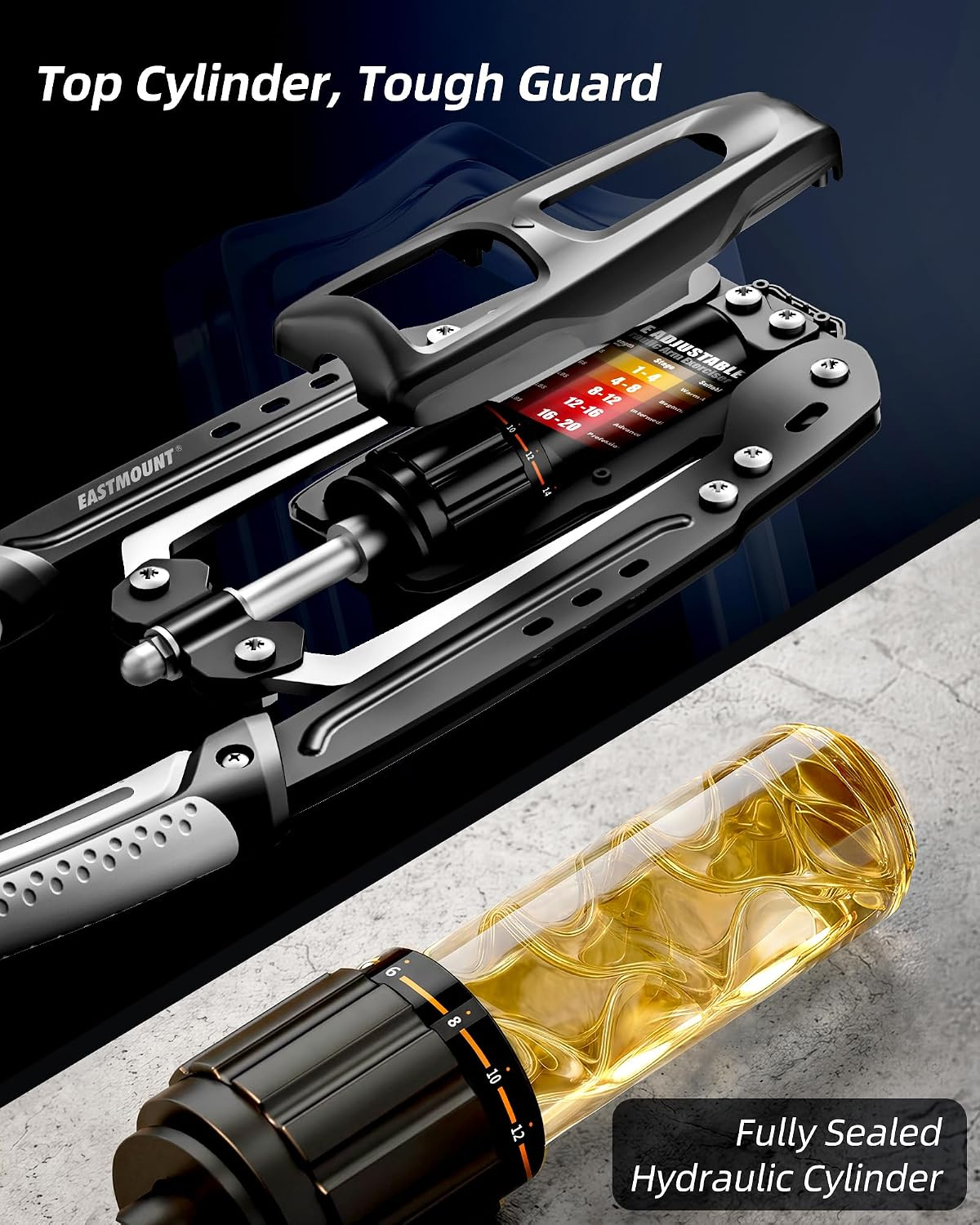 Close-up of the hydraulic cylinder and adjustment dial